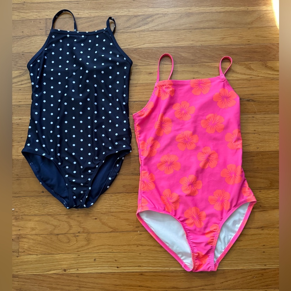 Swimsuit bundle: Navy polka dot, hot pink flowers